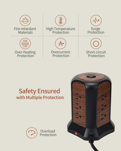 Premium Surge Protector Tower: 9 Outlets, 4 USB Ports, 10 Ft Extension Cord – Ultimate Power Solution for Home and Office (Deep Brown)