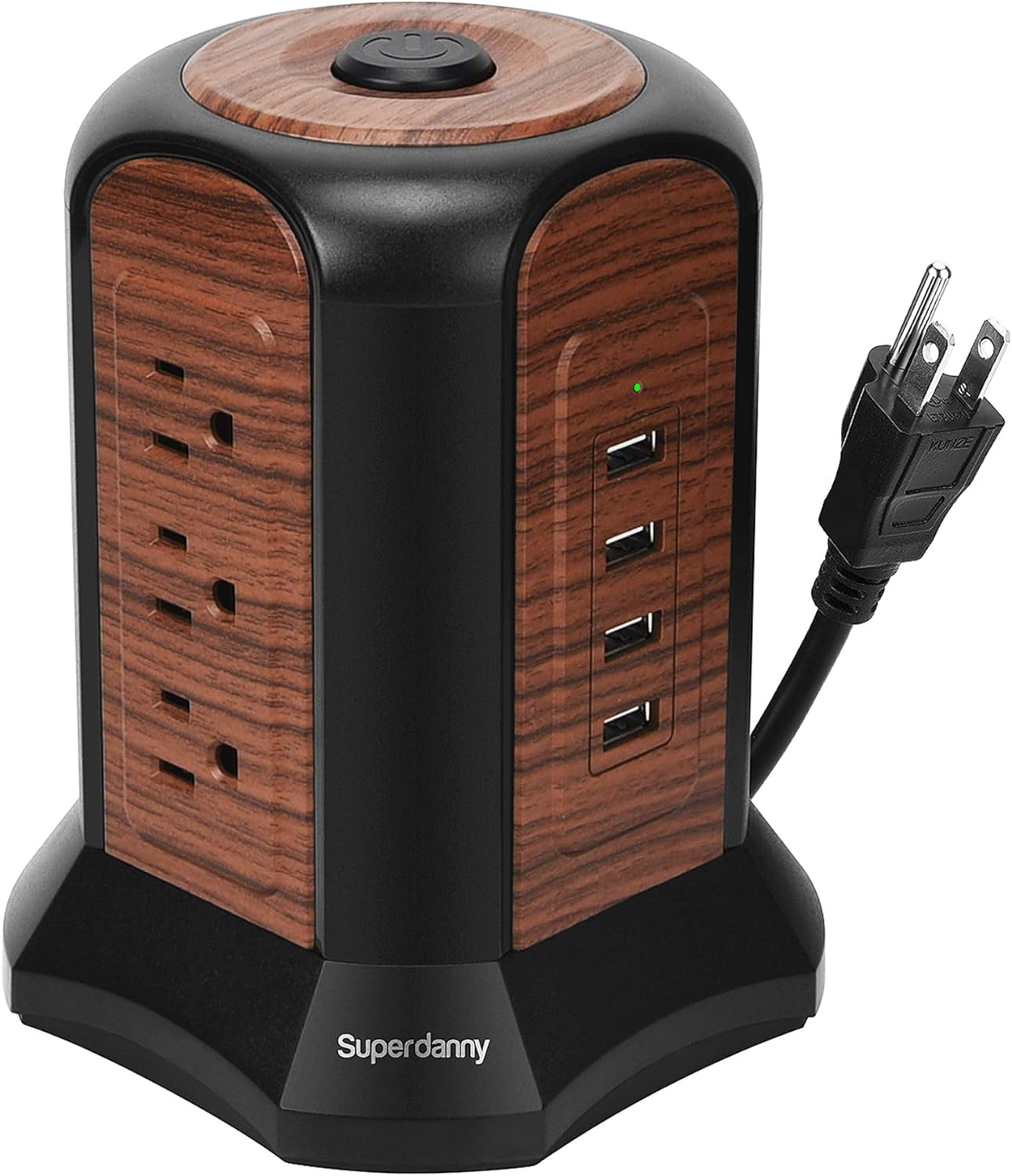 Premium Surge Protector Tower: 9 Outlets, 4 USB Ports, 10 Ft Extension Cord – Ultimate Power Solution for Home and Office (Deep Brown)